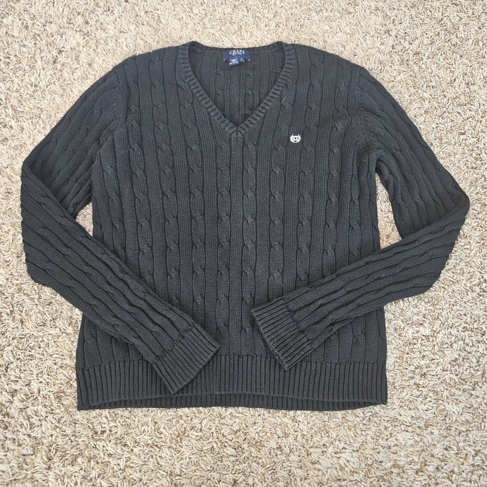 Chaps Pullover Sweater Womens Size Large Black Cable Knit VNeck Embroidered Logo